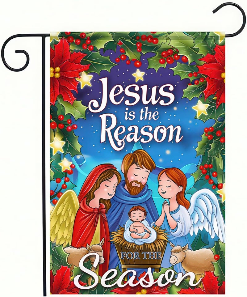 BlissYard Winter Christmas Garden Flag Jesus Nativity Double Sided Garden Flag Nativity Scene and 'Jesus is the Reason for the Season' Outdoor Home Room Decor Event Party Supplies 12x18 Inch - Image 1
